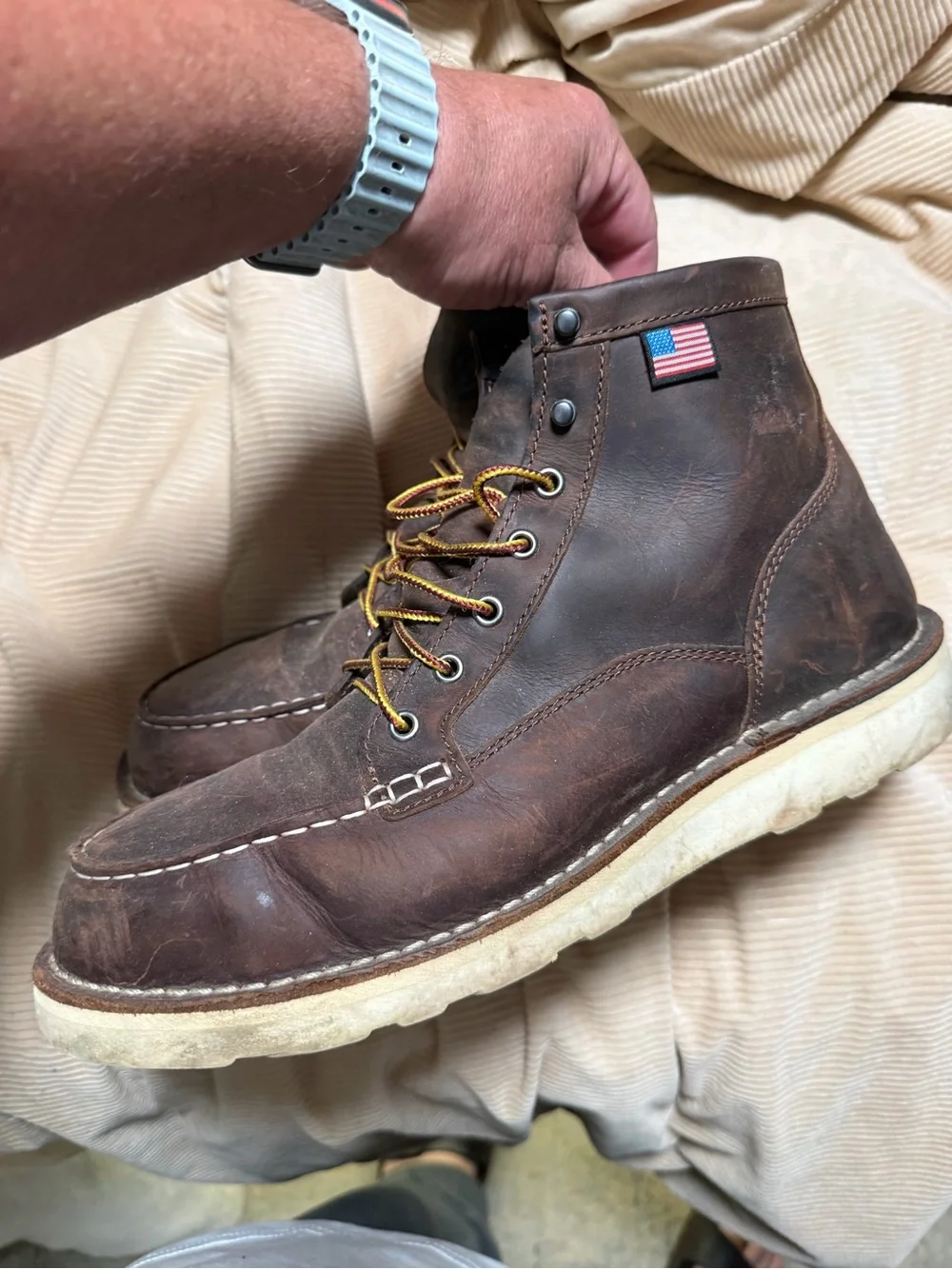 Danner Dark Brown Leather Moc Toe Work Boots with Yellow-Brown Laces